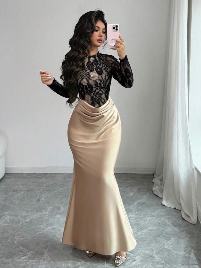 elegant beige satin and black lace fishtail evening gown