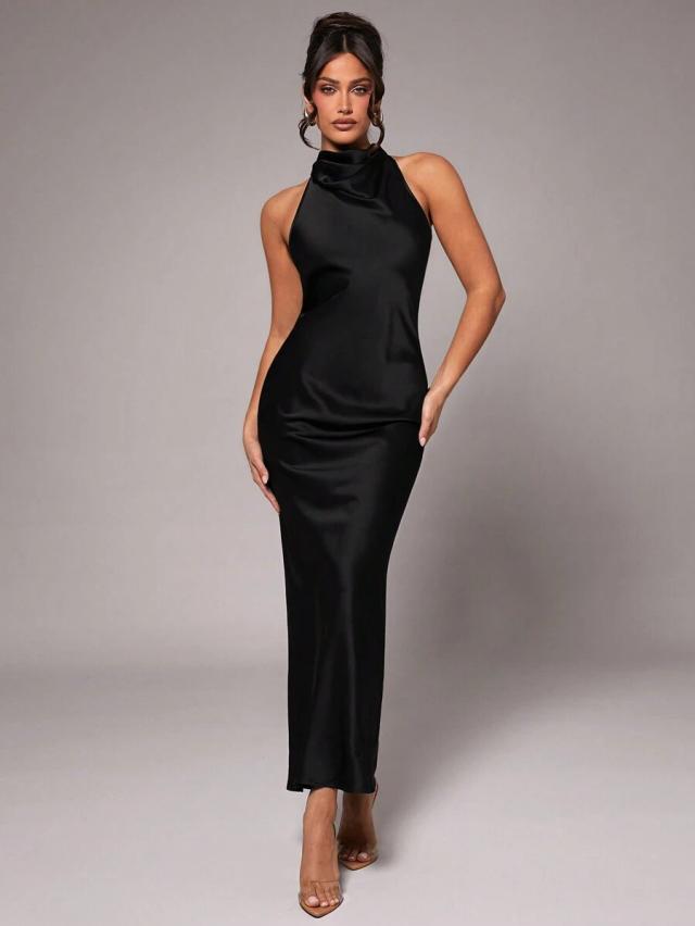 Black Satin Cowl Neck Sleeveless Midi Dress