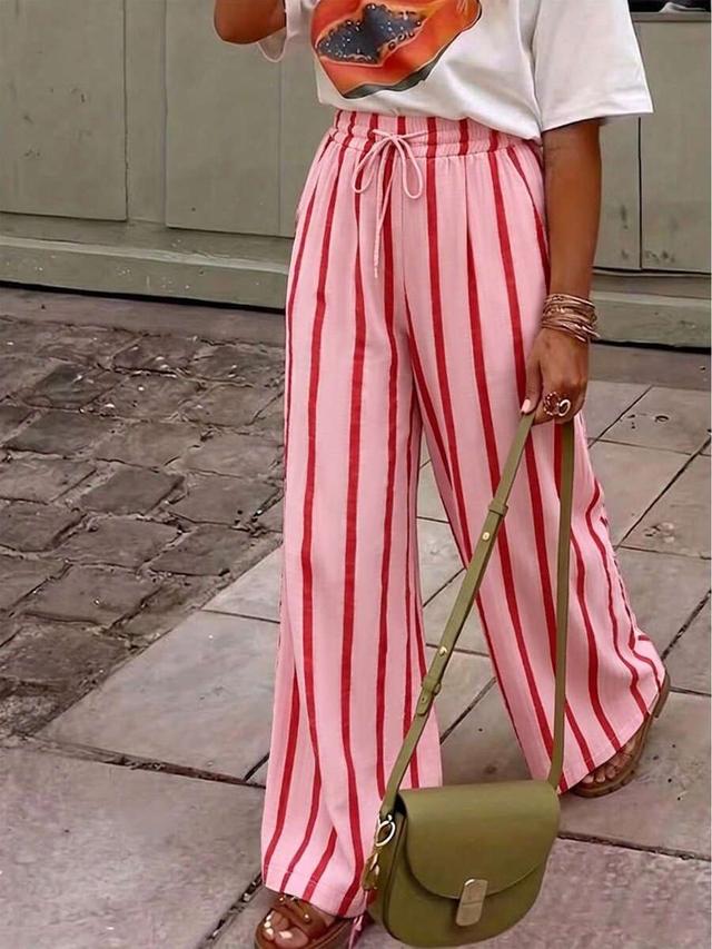 pink striped drawstring waist wide leg trousers