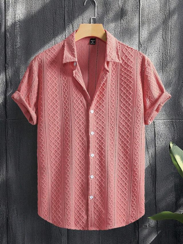 pink textured short sleeve button down shirt