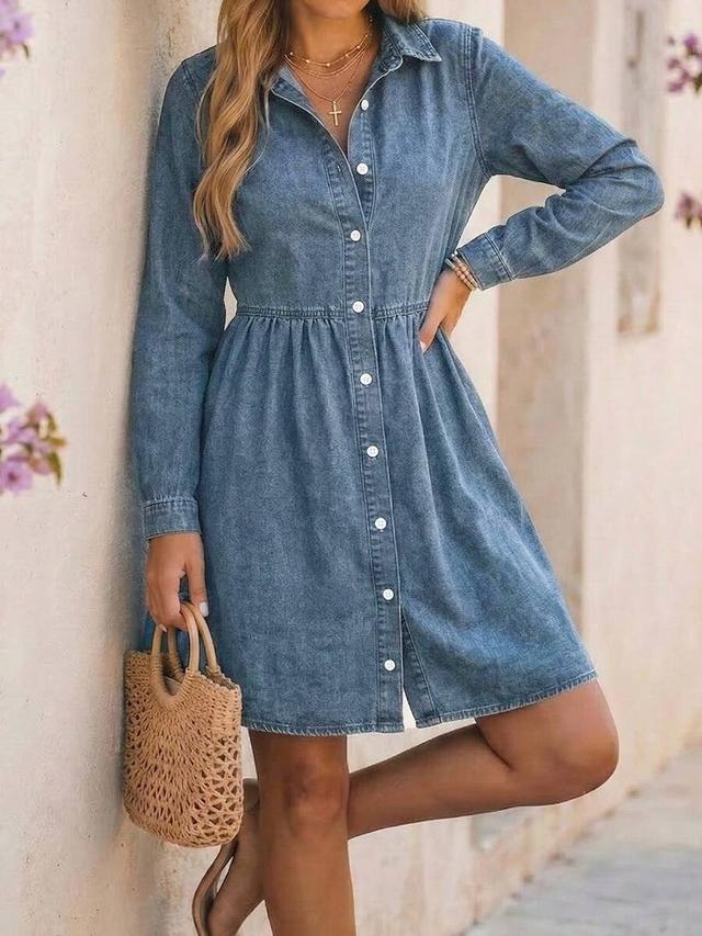solid color minimalist casual long sleeve denim dress