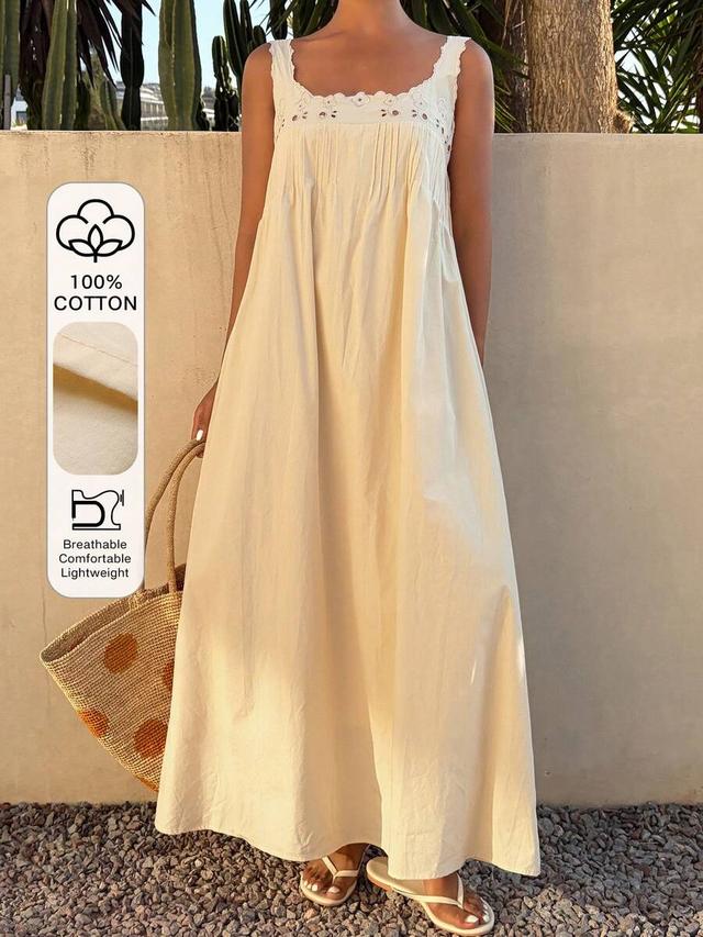 ivory cotton midi dress with eyelet lace trim