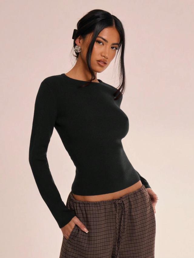 musera dark green ribbed crew neck long sleeve top