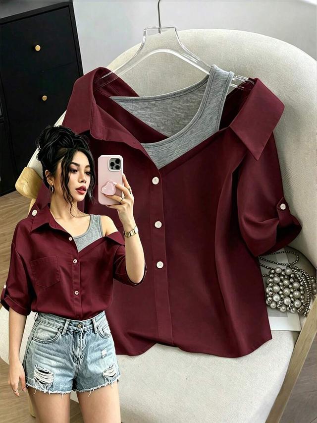 burgundy cold shoulder shirt with integrated grey camisole