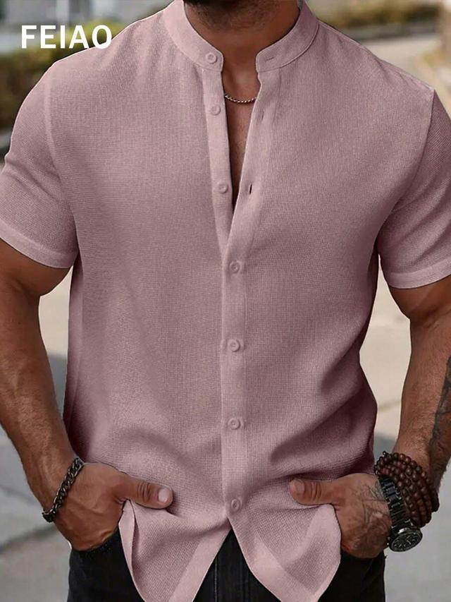 pink waffle texture button front short sleeve shirt