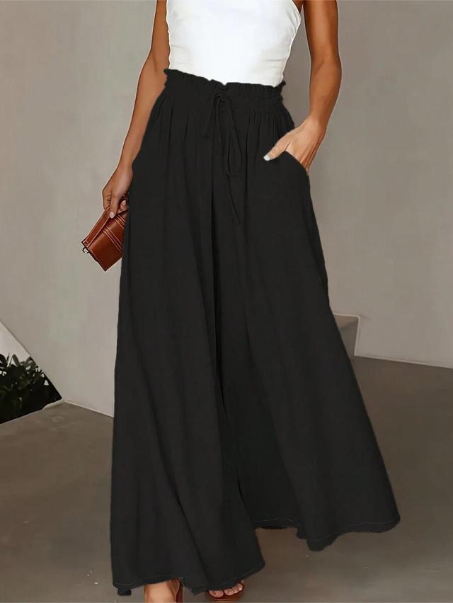 women's casual solid color wide leg pocket pants black