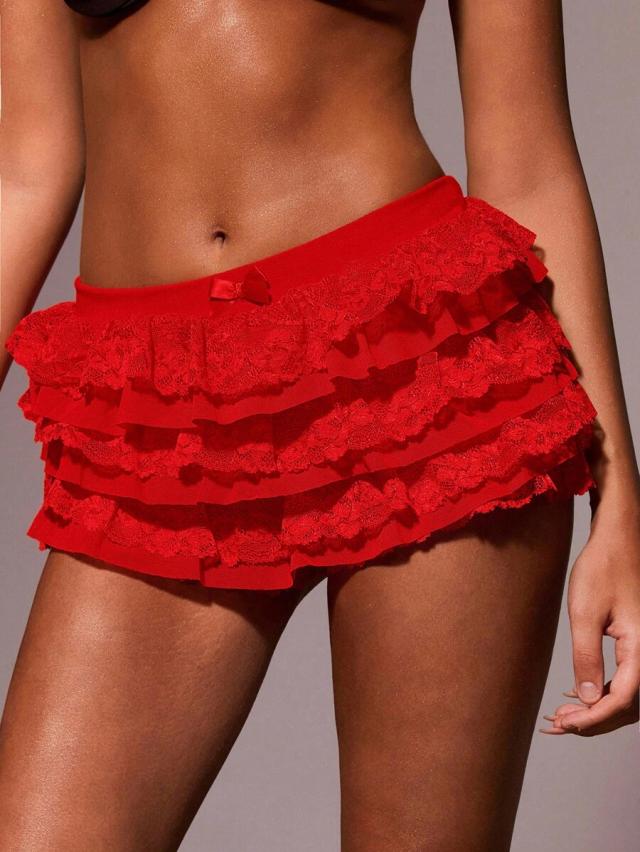 red lace ruffle trim low waist micro shorts