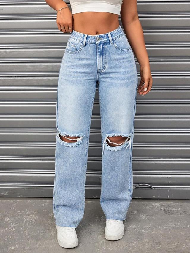 light wash distressed straight leg denim jeans