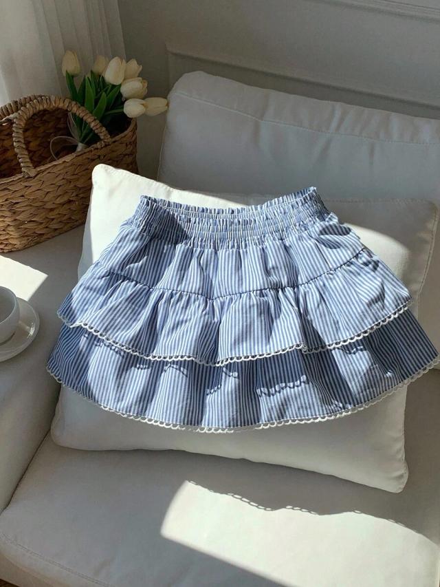 blue and white striped ruffle hem a-line skirt