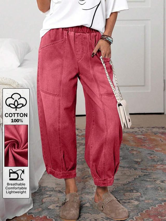 red elastic waist casual cotton denim jeans