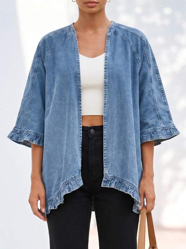 women's oversized denim ruffle trim half sleeve blouse