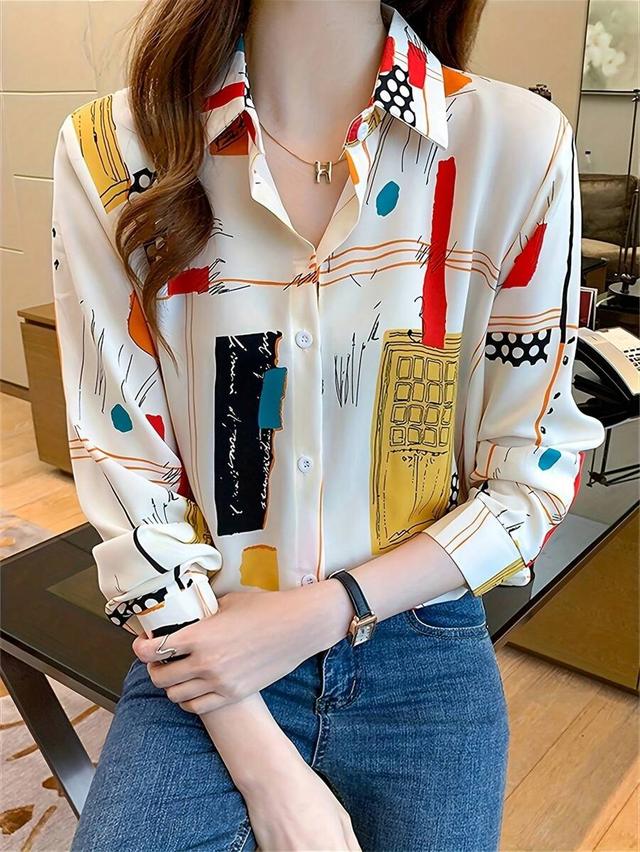 printed long sleeve button front lapel shirt