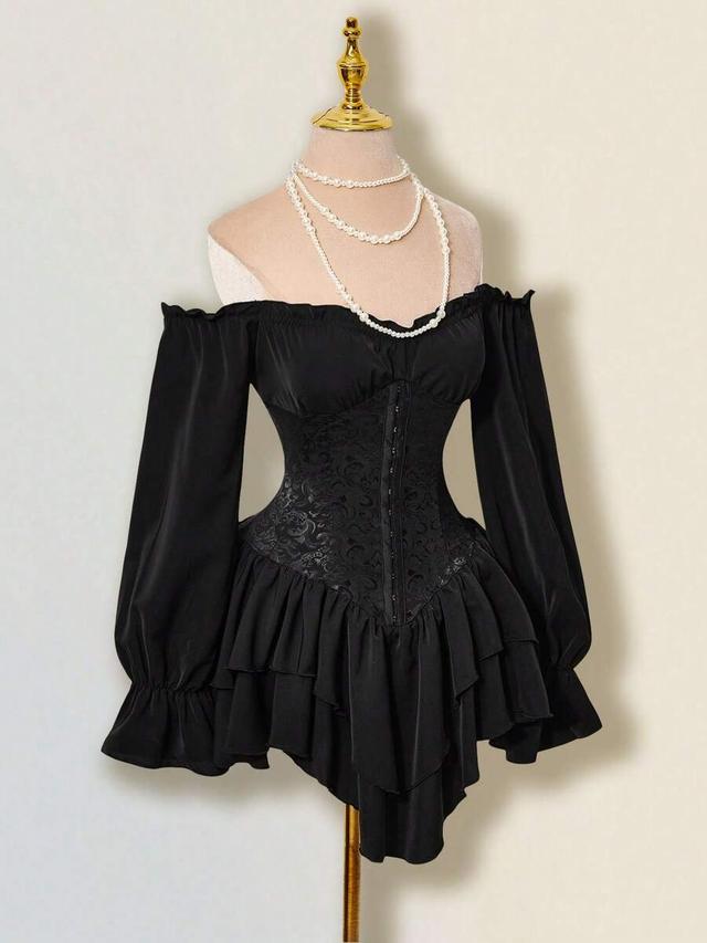 black off shoulder jacquard corset mini dress