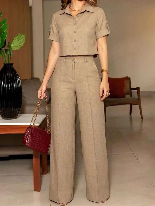 khaki linen blend collared shirt and wide leg trousers set