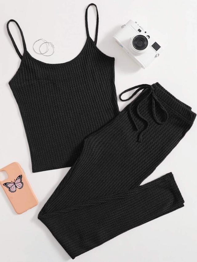 black waffle knit cami and leggings set