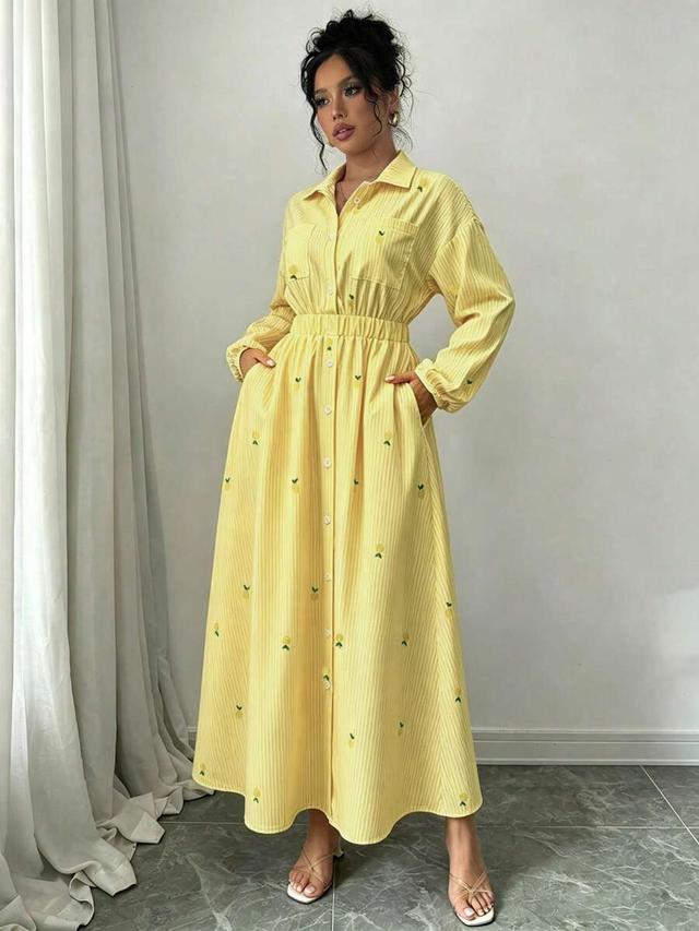 yellow striped polo collar button-up shirt dress