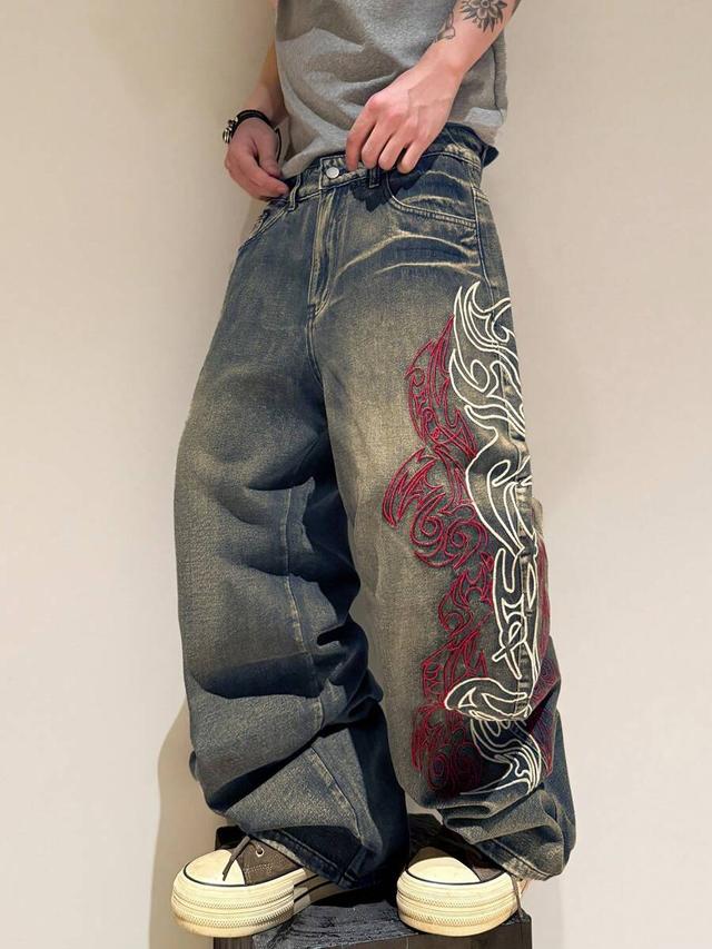 washed loose wide-leg jeans with 3d floral embroidery