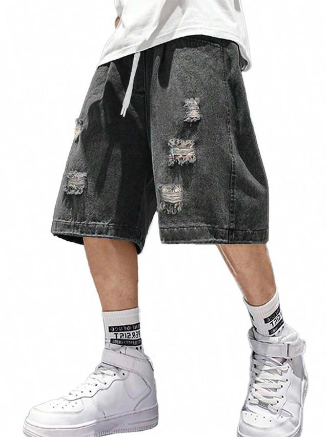baggy ripped denim cargo shorts with elastic waist