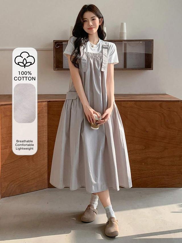 grey sleeveless cotton pinafore midi dress with pockets