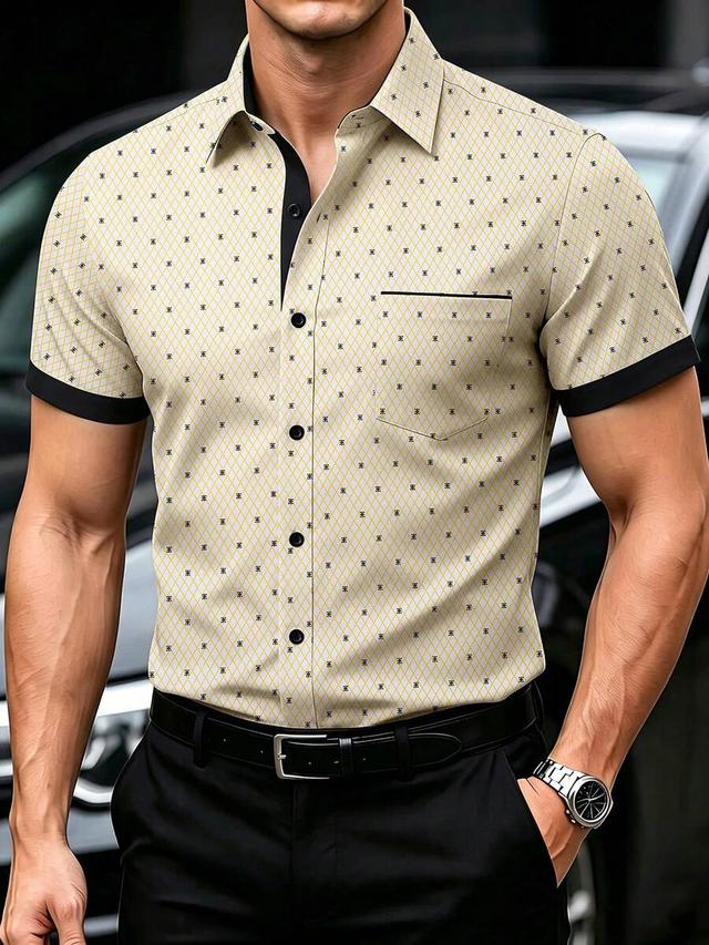 beige argyle print short sleeve business casual shirt