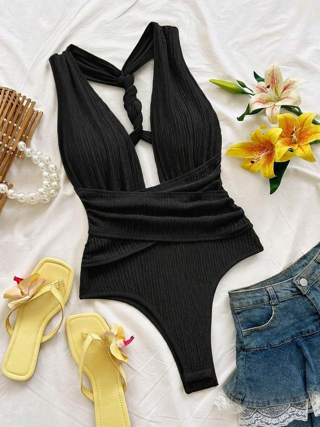 black textured twist knot deep v-neck bodysuit