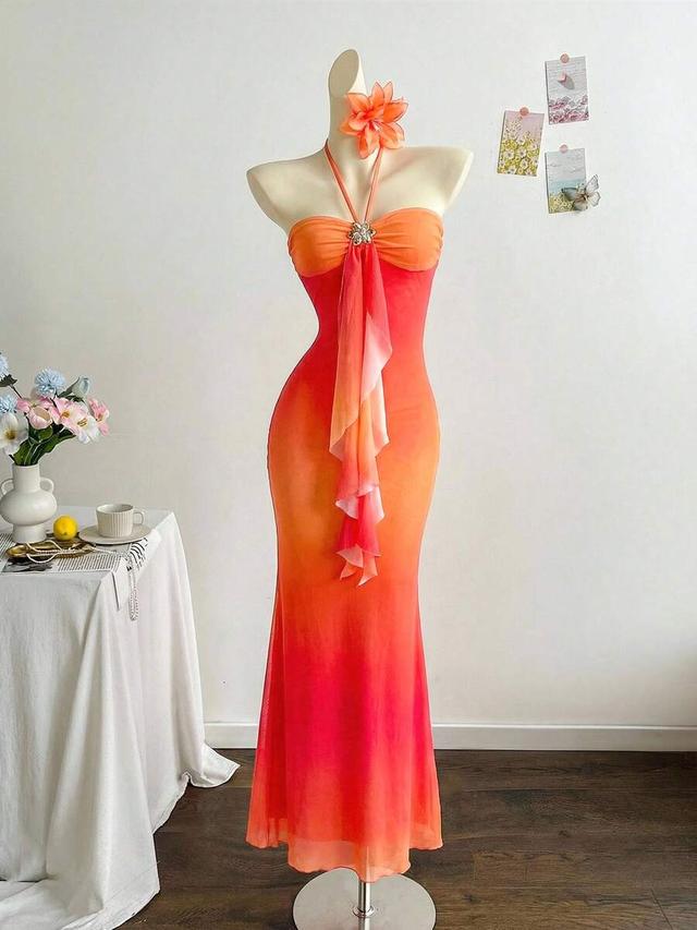 burnt orange ombre knitted mesh halter fishtail dress