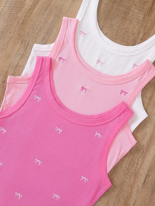 pink three ribbed tank top with bow embroidery
