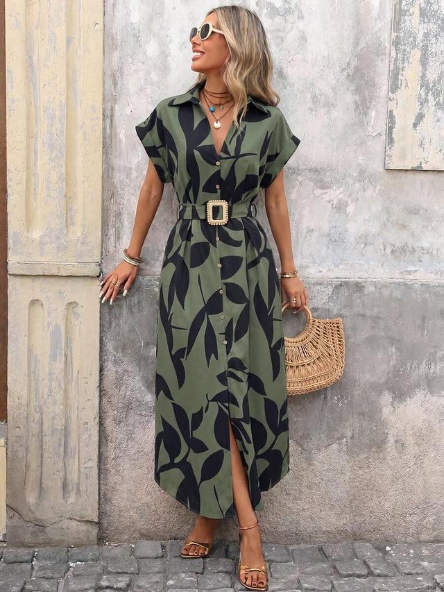 olive green leaf print button down shirt dress