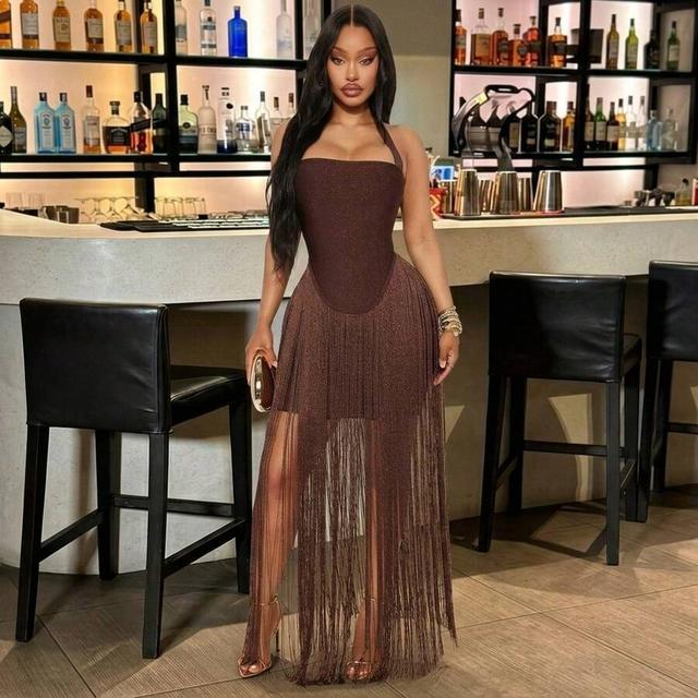 brown shimmering halter dress with fringe overlay