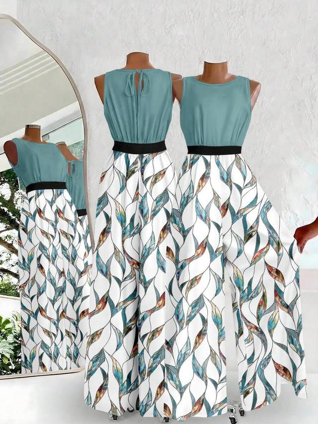 colorblock green and abstract leaf print jumpsuit