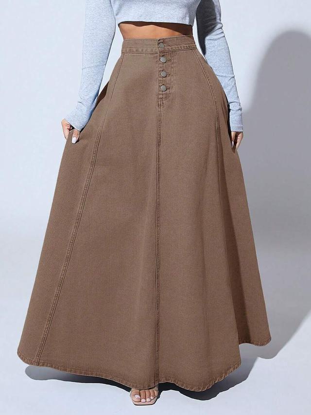 high waist button front long brown denim skirt