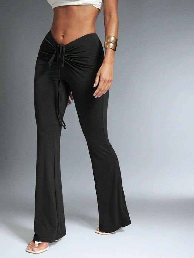 black v-waist drawstring flare pants