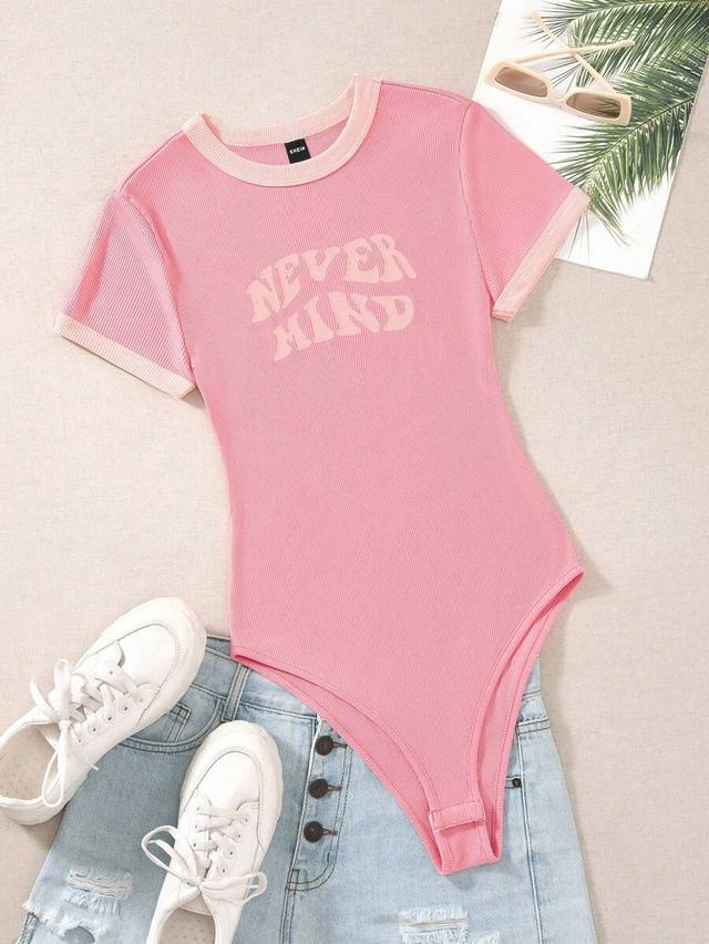 pink ribbed slogan graphic contrast trim bodysuit