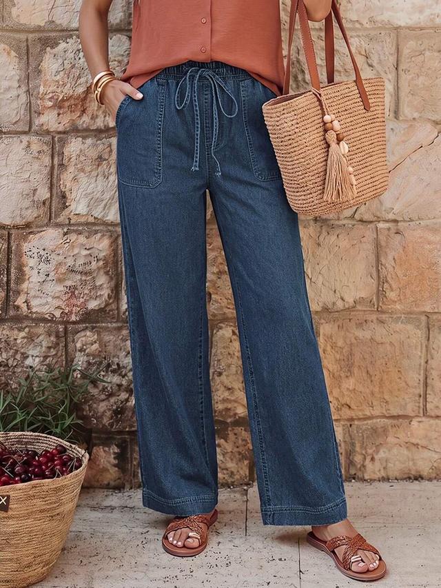 dark wash denim pull-on wide leg jeans