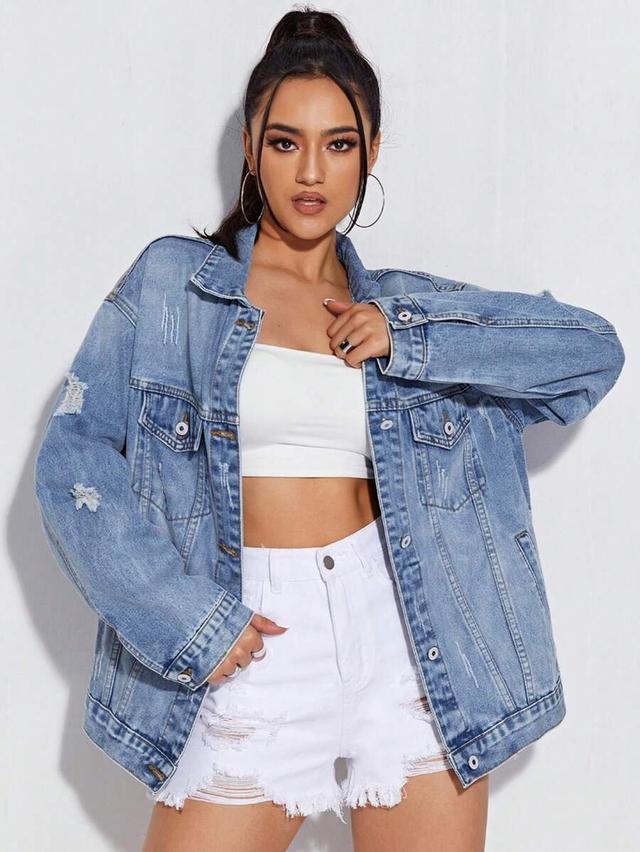 distressed light wash oversized denim jacket