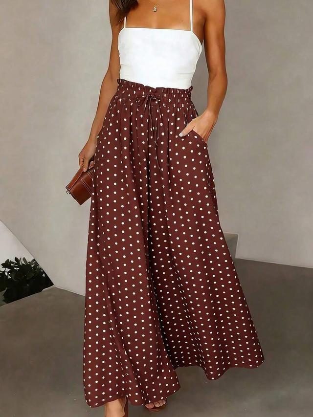 brown white polka dot high waist wide leg trousers