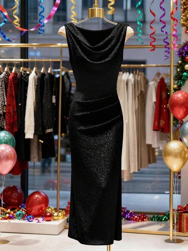 elegant black sleeveless cowl neck shimmer party dress