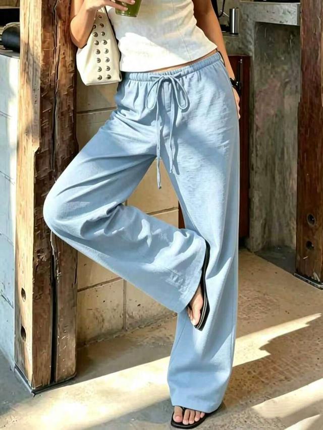 women's light blue linen-style wide leg trousers