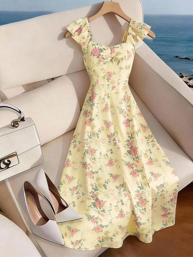 floral print square neck flare sleeve maxi dress