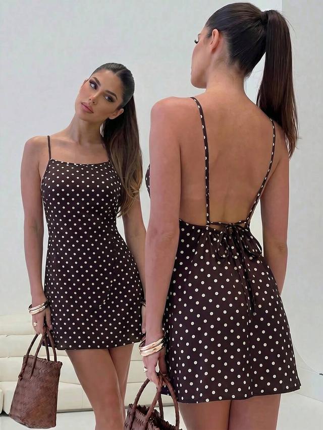 brown polka dot backless mini dress