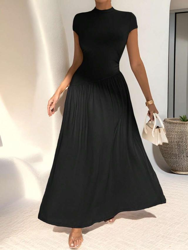 black summer a-line midi dress with pleated waist