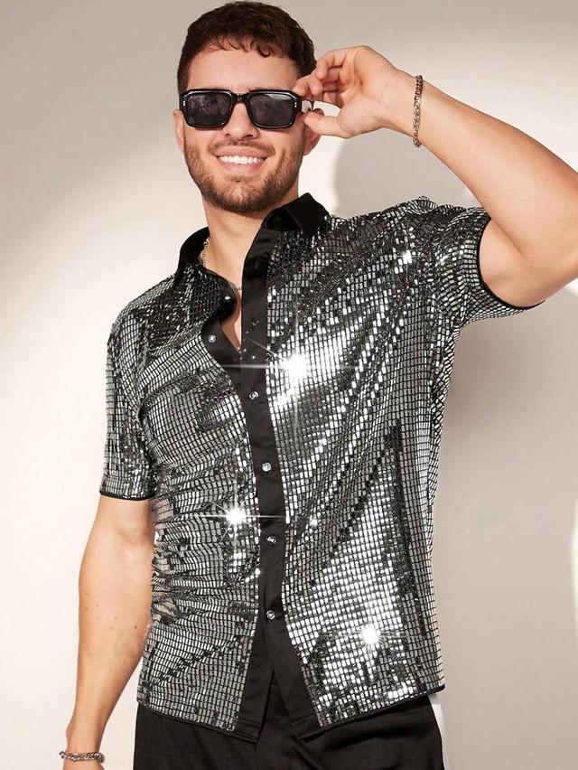 men's silver sequin short sleeve party shirt