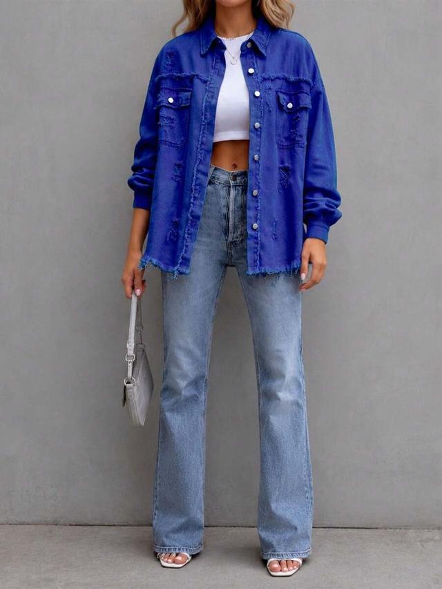 royal blue distressed fringe denim shirt jacket