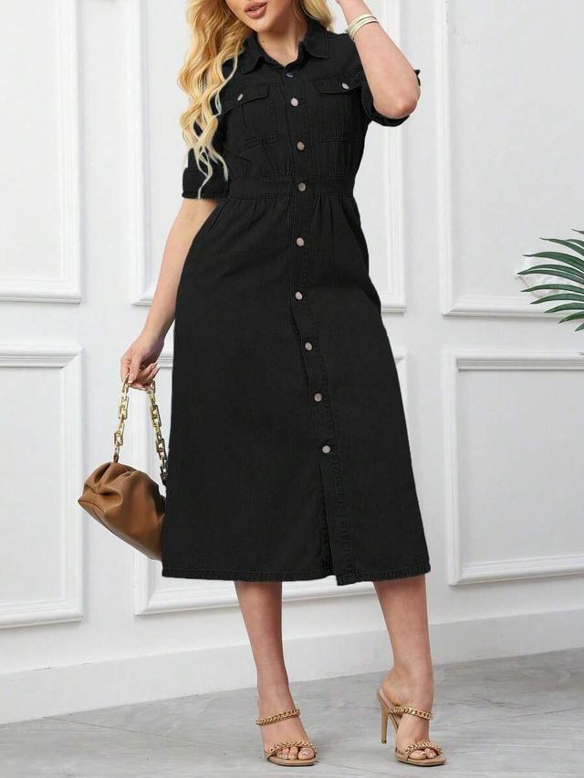 black denim button-down midi skirt