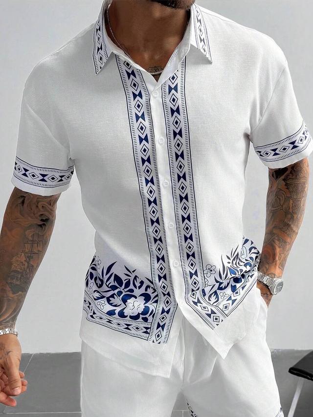 white geometric floral print short sleeve casual shirt