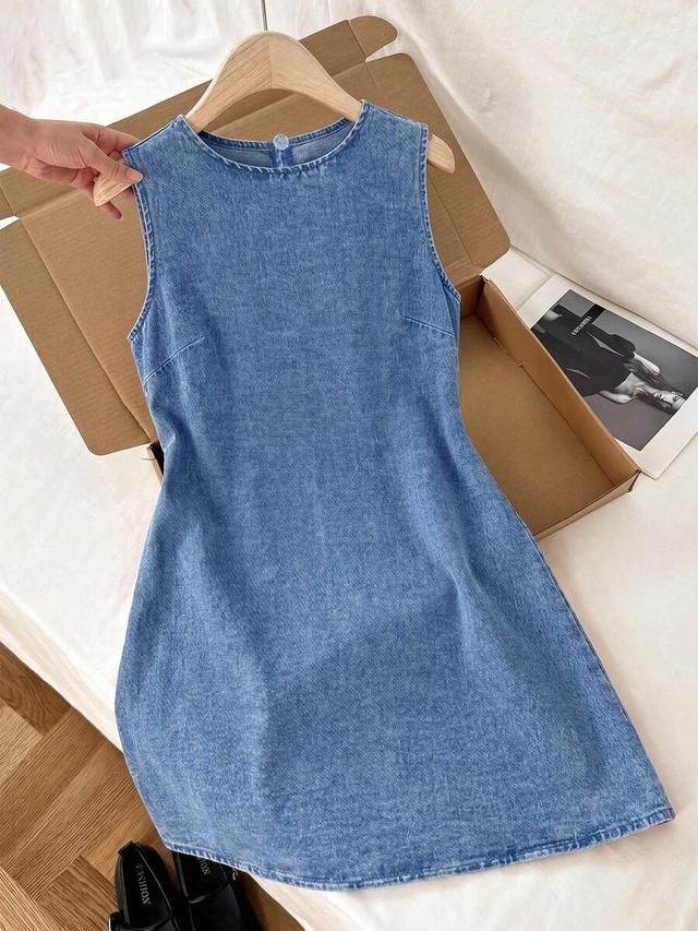 casual blue denim sleeveless round neck mini dress