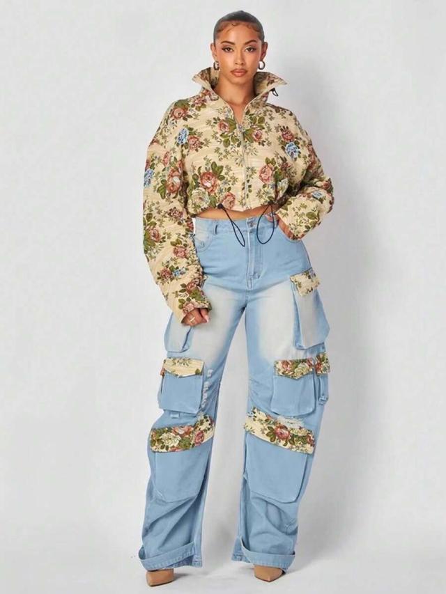 floral print cropped jacket and denim cargo pants set