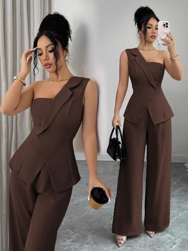 coffee brown one-shoulder tailored satin camisole top