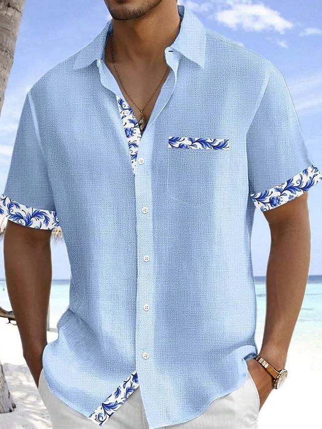 light blue floral trim short sleeve hawaiian shirt