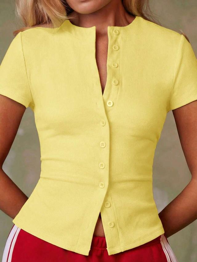 athîral women's casual short sleeve yellow ribbed cardigan